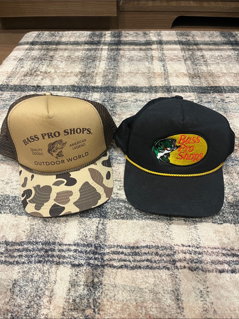 Bass Pro Shops Trucker Hats in Tan Camo and Black